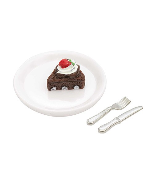 Miniatur Schoko-Tortenstück mit Teller & Besteck