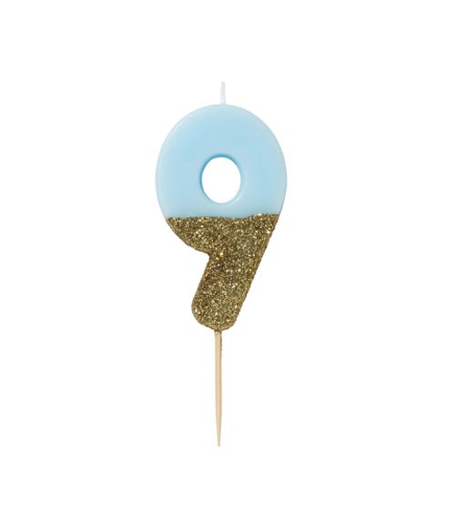 Zahlenkerze "9" - mit Goldglitter - blau