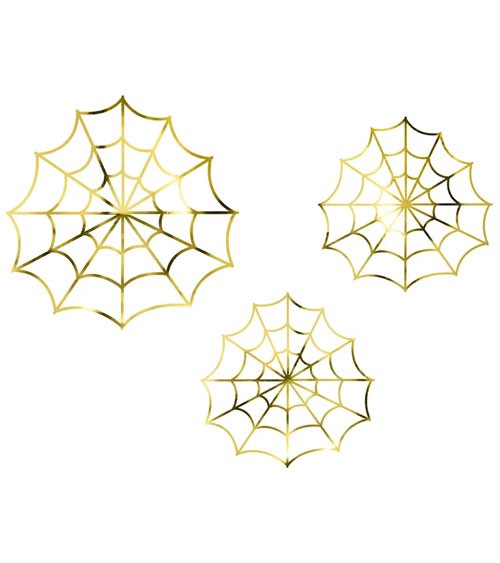 Goldfarbene Spinnennetze aus Papier als Deko zu Halloween.