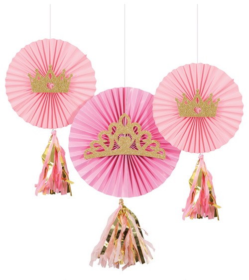 Papierfächer-Set "Princess" mit Tasseln - rosa & gold - 3-teilig