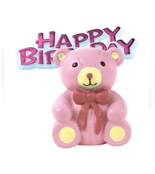 Tortendekoration "Teddybär" Happy Birthday - rosa - 2-teilig