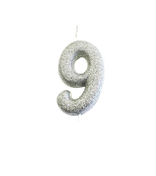 Geburtstagskerze mit Glitter "9" - silber