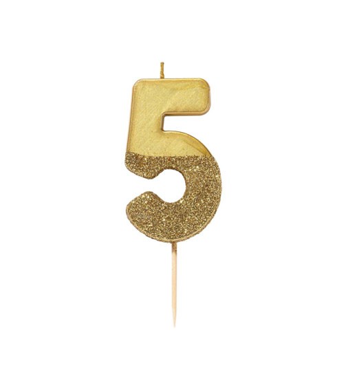 Zahlenkerze "5" - mit Goldglitter - gold