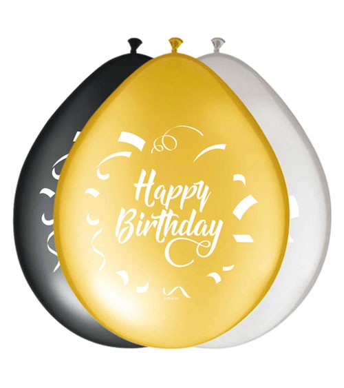 Luftballon-Set "Happy Birthday" - schwarz, gold, silber - 8 Stück