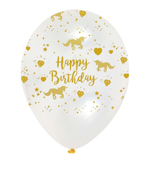 Luftballons "Einhorn" - Happy Birthday - kristall/gold - 6 Stück