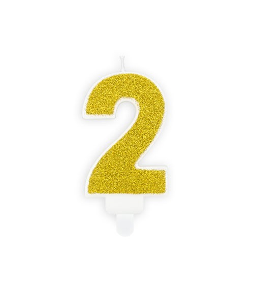 Zahlenkerze mit Glitter "2" - gold - 7 cm