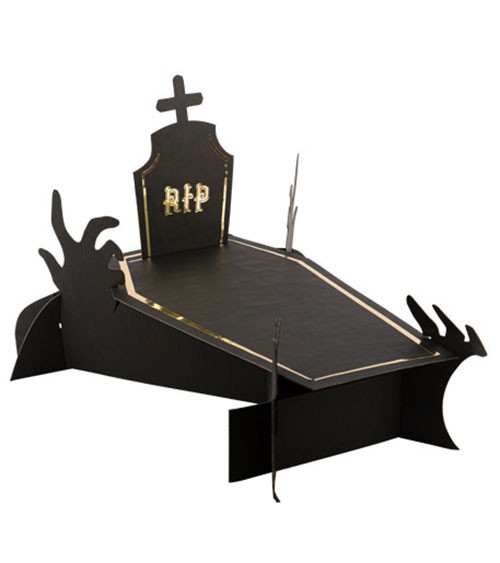 Schwarzer Halloween Gebäckständer in Form eines Sarges mit goldenem R.I.P. Aufdruck und Kreuz.
