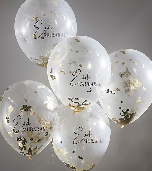 Konfetti-Ballons "Eid Mubarak" mit goldenen Sternen & Monden - 5 Stück