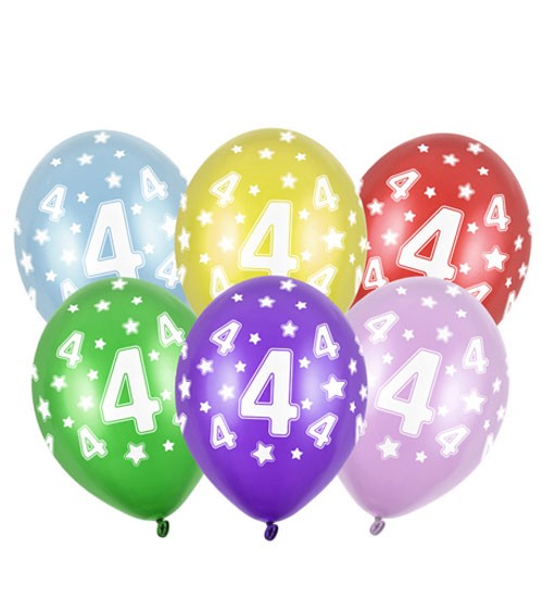 Metallic-Luftballons "4" mit Sternen - 6 Stück
