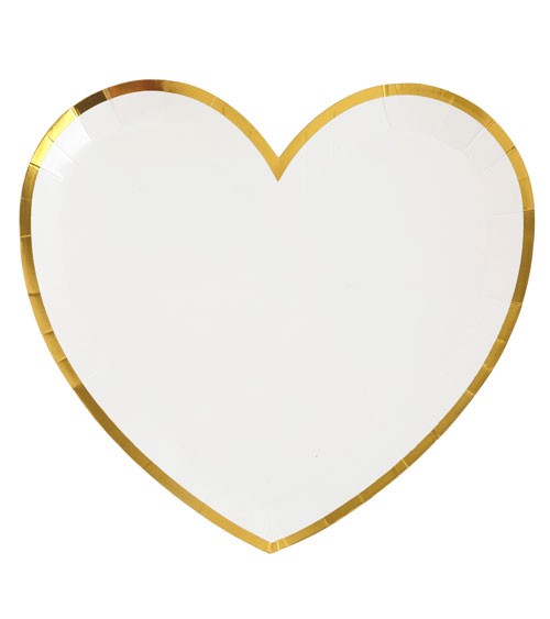 Herz-Pappteller mit goldenem Rand - weiß - 10 Stück