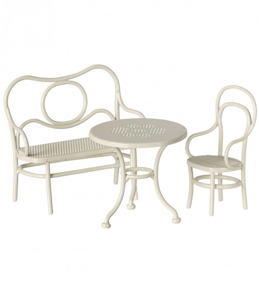 Kleines Café-Set aus Metall - Tisch, Bank, Stuhl - creme