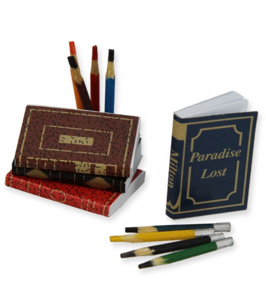 Bücher und Buntstifte - 1,5 x 2 x 0,3 cm - 12-teilig