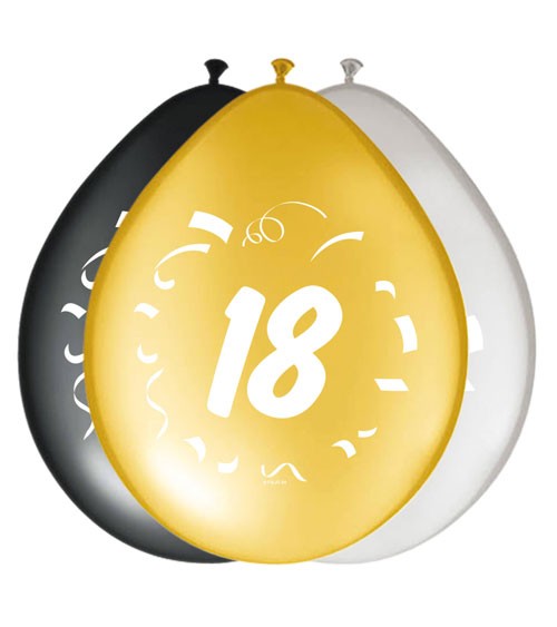 Luftballon-Set "18" - schwarz, gold, silber - 8 Stück