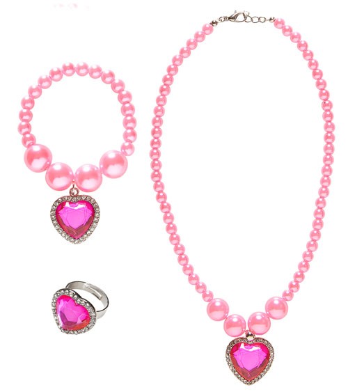 Schmuck-Set mit Herz-Juwel in Pink - 3-teilig
