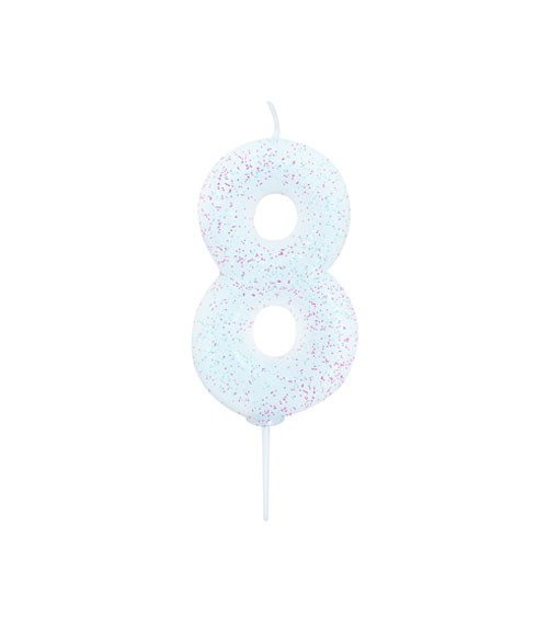 Geburtstagskerze mit Glitter "8" - weiß/irisierend
