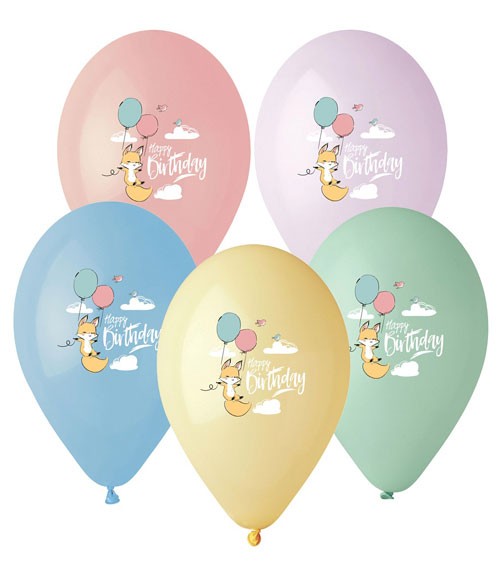 Lufballon-Set mit Fuchs "Happy Birthday" - Farbmix Pastell - 5 Stück