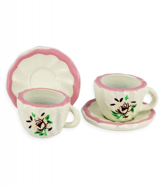 Porzellantassen & Unterteller mit Rosenmotiv - 1,6 cm - 2 Paar