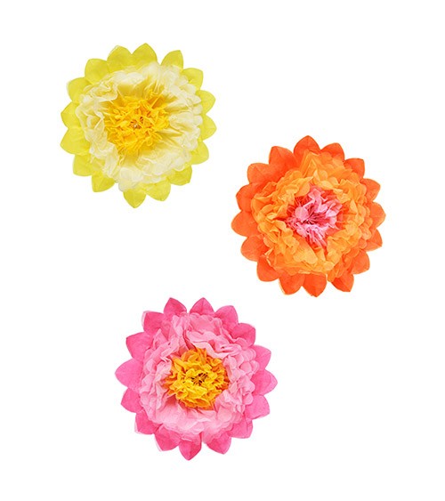 Blumen aus Seidenpapier - pink, orange, gelb - 35 cm - 3-teilig