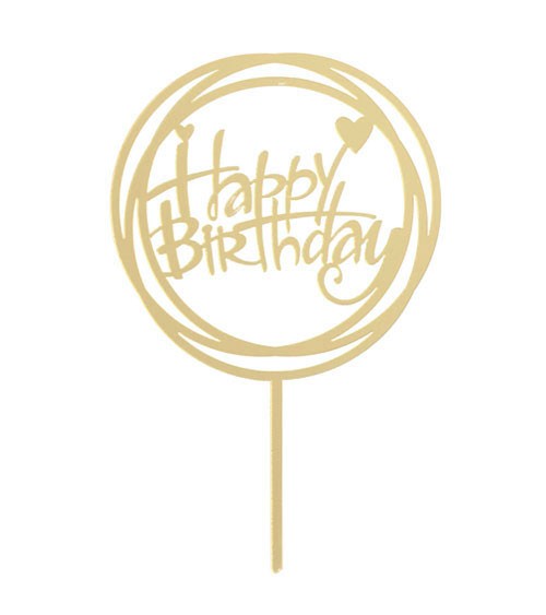 Cake-Topper aus Acryl "Happy Birthday" mit Herzen - gold