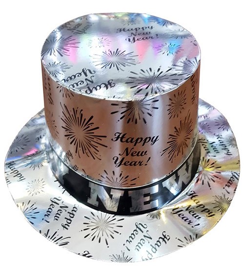 Zylinder aus Pappe "Happy New Year" - silber
