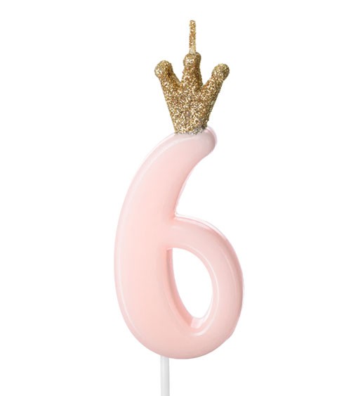 Geburtstagskerze mit Krone "6" - rosa - 9,5 cm