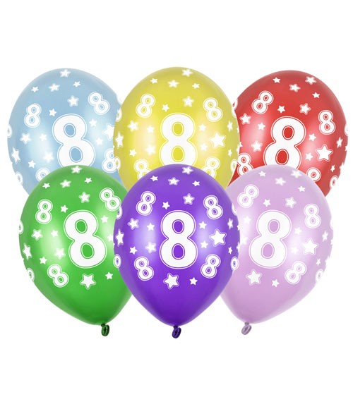 Metallic-Luftballons "8" mit Sternen - 6 Stück