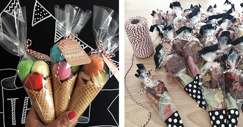 Mitgebsel kreativ verpackt - als Eistüten oder in kleinen Candy Bags mit schickem Bäckergarn verschnürt © Monefaktur Mitgebsel kreativ verpackt - als Eistüten oder in kleinen Candy Bags mit schickem Bäckergarn verschnürt © Monefaktur