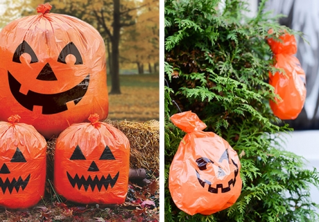 Halloween-Laubsäcke im Kürbisformat befreien den Garten von Laub und geben tolle Deko ab