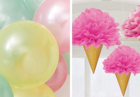 Eiswaffel-Pom-Poms und Luftballons - schmücke deine Eisparty bunt