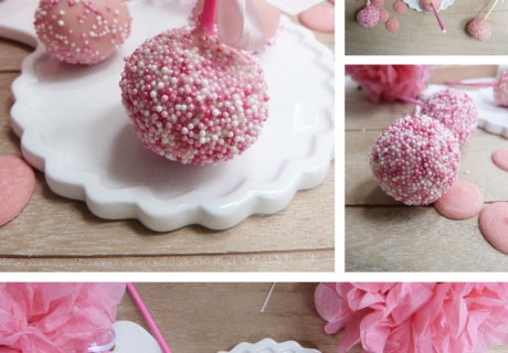 Rosa Cake Pops im Perlenkleid mit romantischer Dekoration