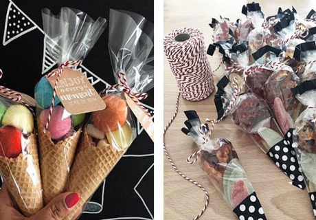 Mitgebsel kreativ verpackt - als Eistüten oder in kleinen Candy Bags mit schickem Bäckergarn verschnürt © Monefaktur