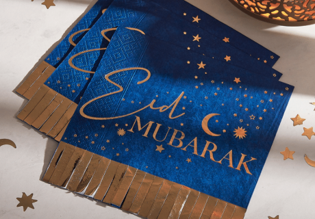 “Eid Mubarak” Schriftzüge verbreiten ein feierliches Gefühl passend zum Anlass, z.B. auf Servietten 
